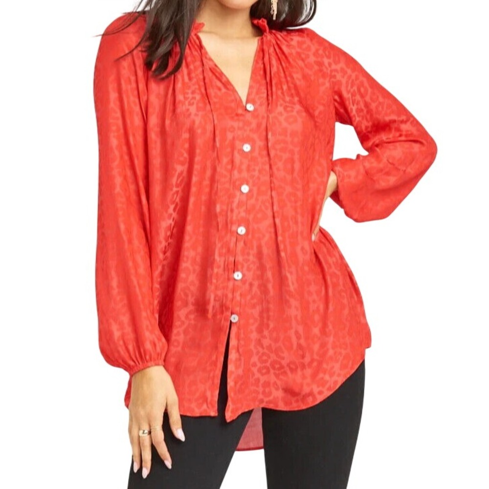 SHOW ME YOUR MUMU Red CHEETAH Button-Up SATIN Ruffle ALICIA TUNIC TOP/BLOUSE M